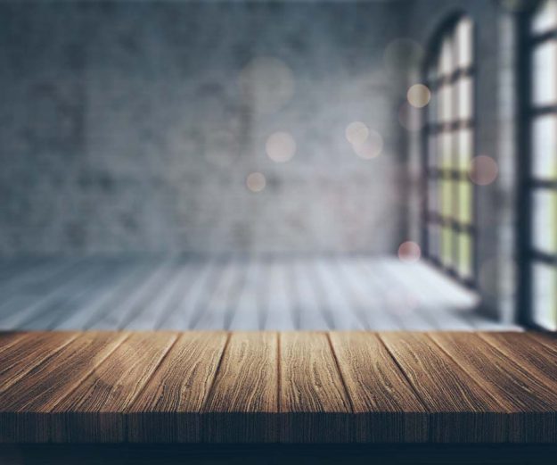 3D wooden table looking into empty aparment room